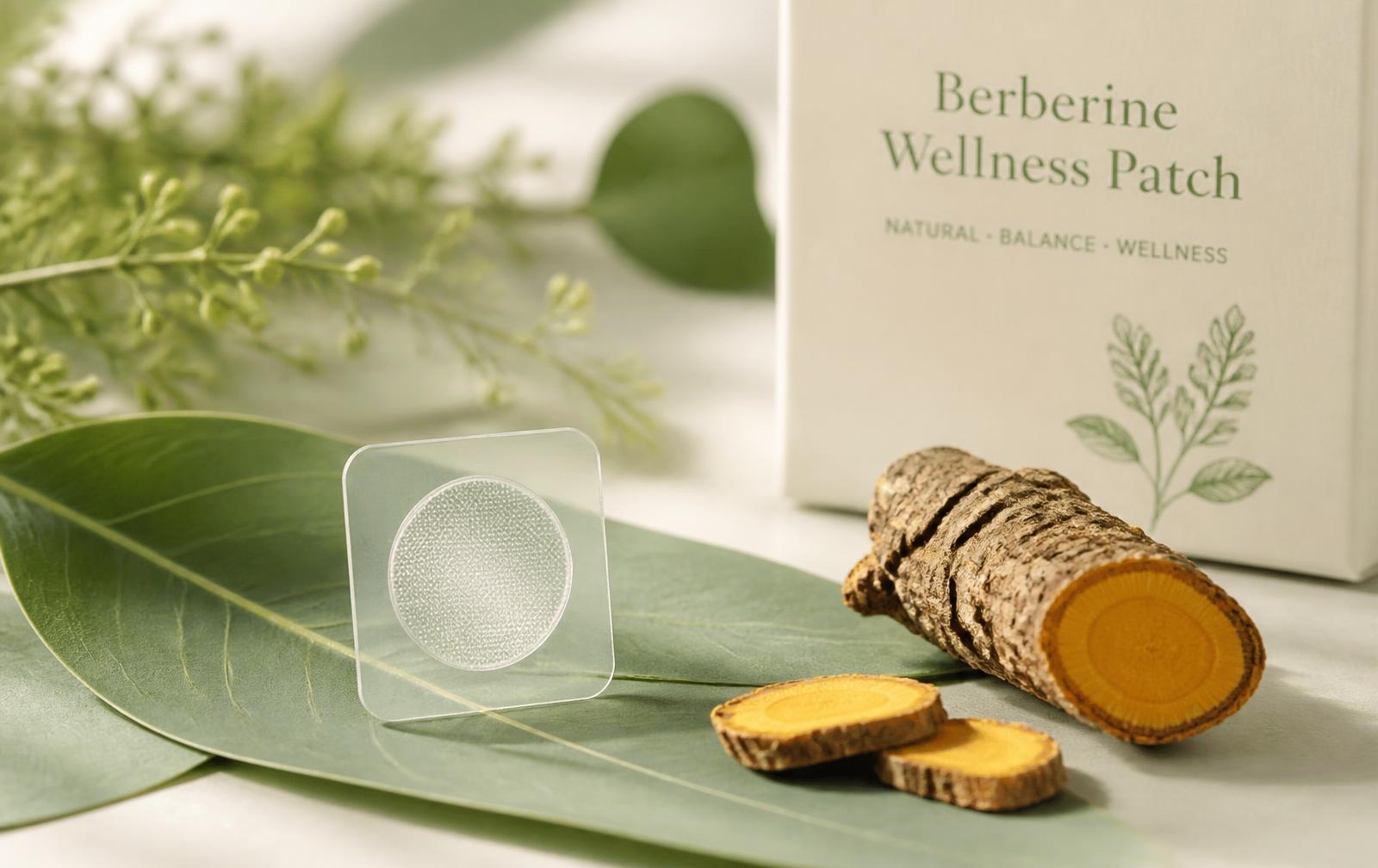 A clear berberine wellness patch resting on a green leaf beside berberine root