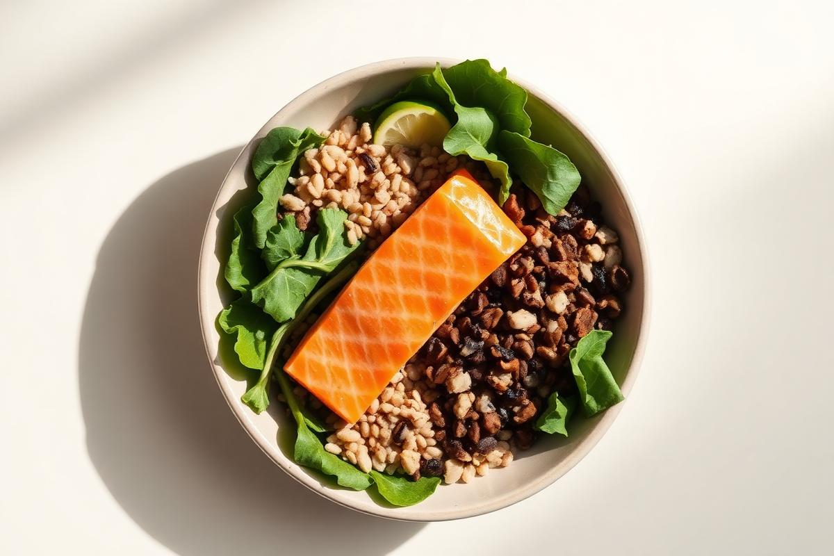 Overhead view of a balanced meal bowl with salmon, greens and grains