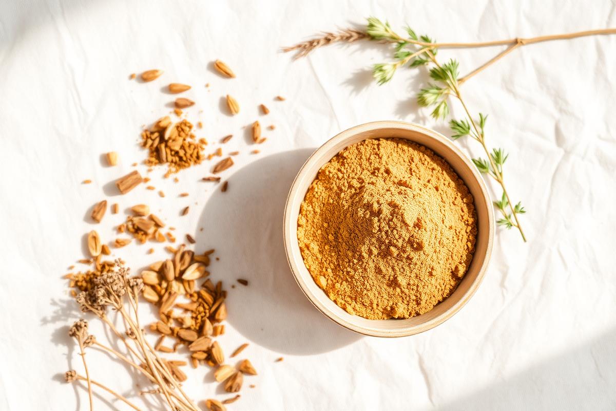Golden berberine root powder in a ceramic bowl with dried herbs