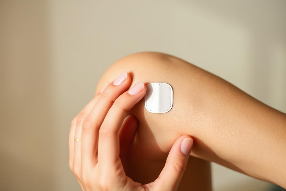 Close-up of a person applying a small clear wellness patch to their upper arm